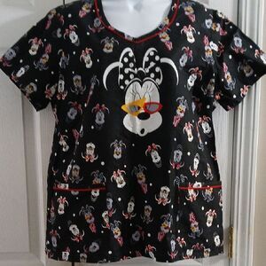 Disney Black Minnie Mouse Print Nurse Scrub Top Sz L NWOT